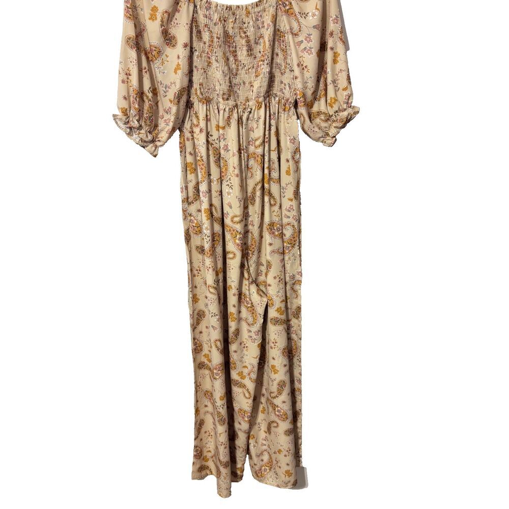 Three Bird Nest Jumpsuit Womens Small Beige Bohemian Paisley‎ Print Puff Sleeve - Picture 2 of 8